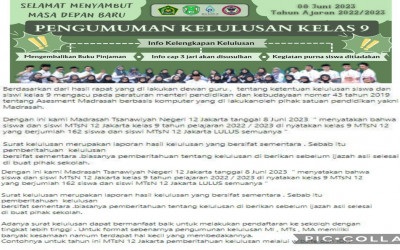 PENGUMUMAN KELULUSAN KELAS 9 MTsN 12 JAKARTA BARAT